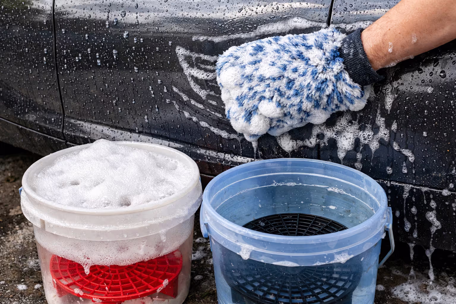Two-bucket wash method in action with grit guards and microfiber wash mitt cleaning a dark car panel