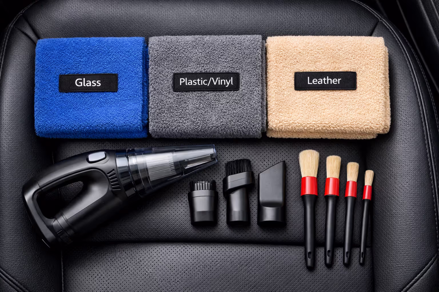 Color-coded interior microfiber towels for glass, vinyl and leather with car vacuum attachments and detailing brushes