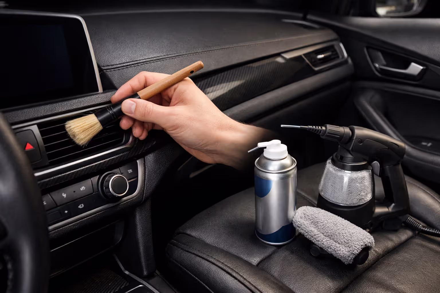 Hand cleaning car dashboard air vent with soft-bristle detailing brush alongside compressed air duster and steam cleaner