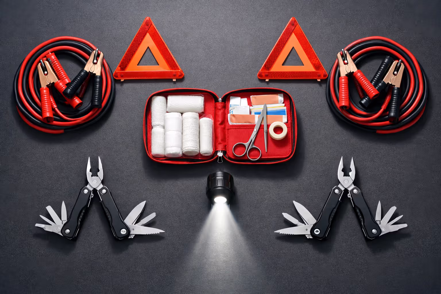 Flat lay of emergency car accessories on dark background: jumper cables, open first aid kit, LED flashlight, warning triangles, ice scraper, and rain repellent spray