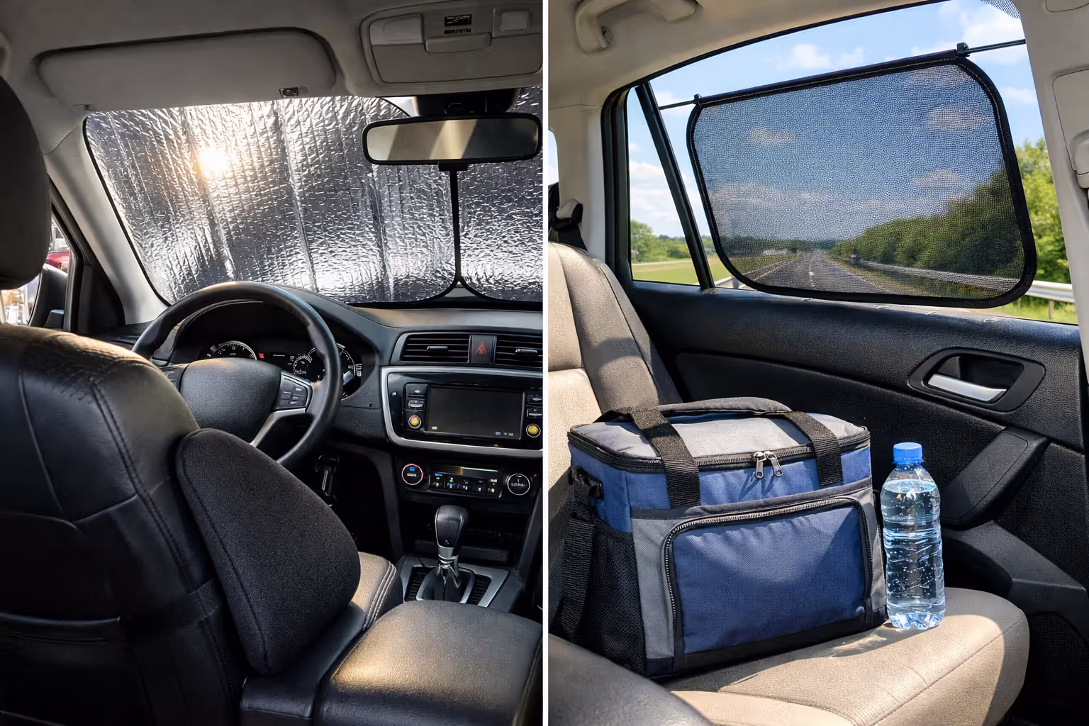 Split-screen comparison of city and highway driving: car in traffic with windshield sunshade and lumbar pillow versus car on open road with cooler bag and water bottle