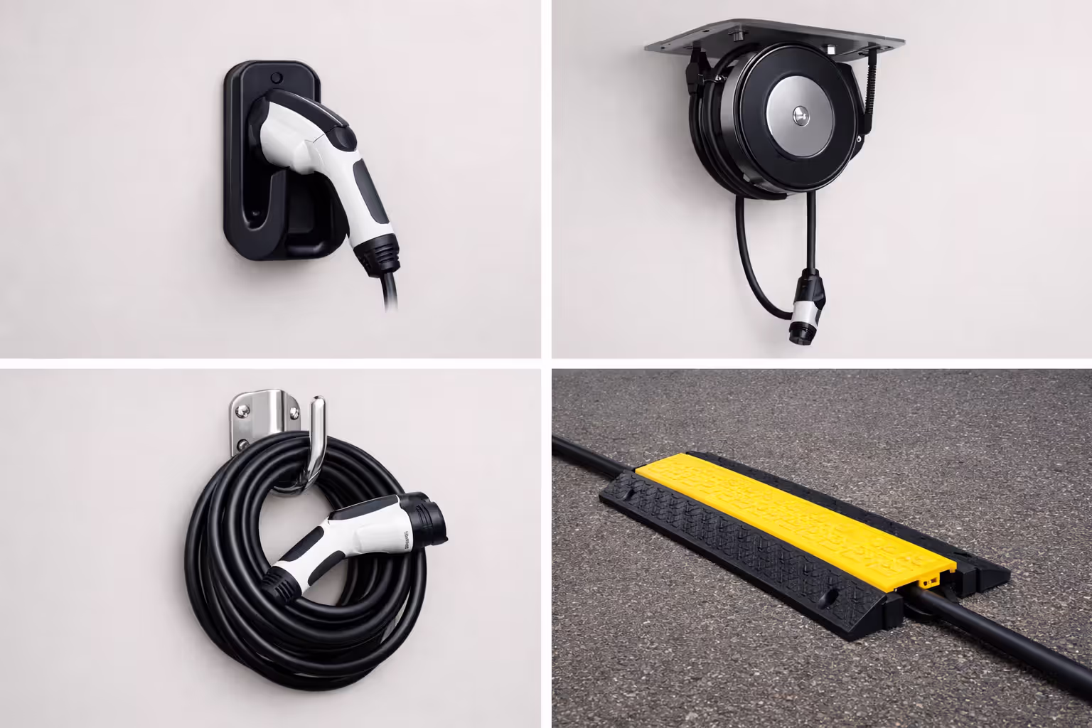Four EV cable management solutions shown in a grid: wall-mounted J-hook holster, ceiling retractable reel, stainless steel hook with coiled cable, and yellow rubber cable ramp protector