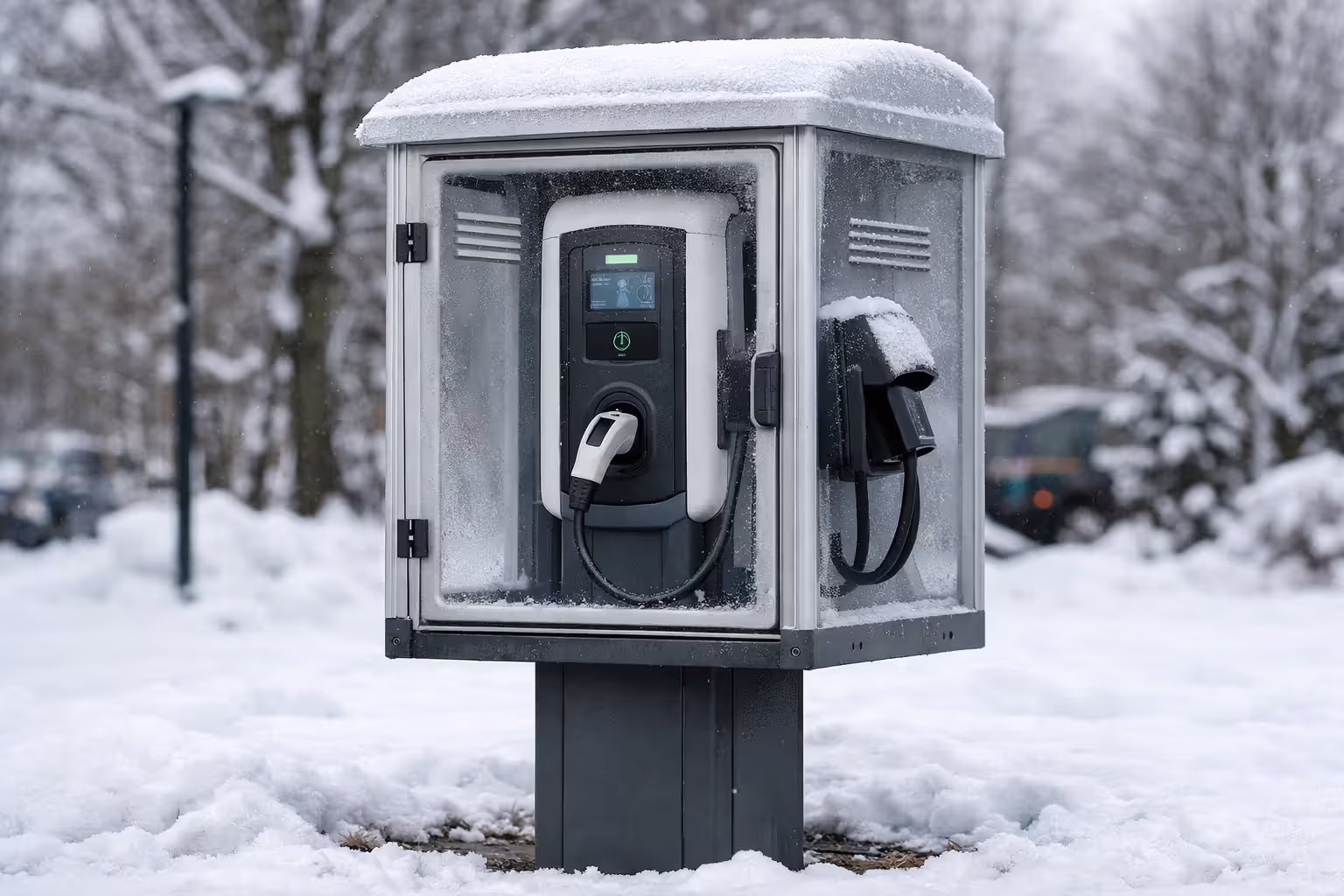 Outdoor EV charging station inside a vented polycarbonate protective enclosure mounted on a pedestal surrounded by snow in winter