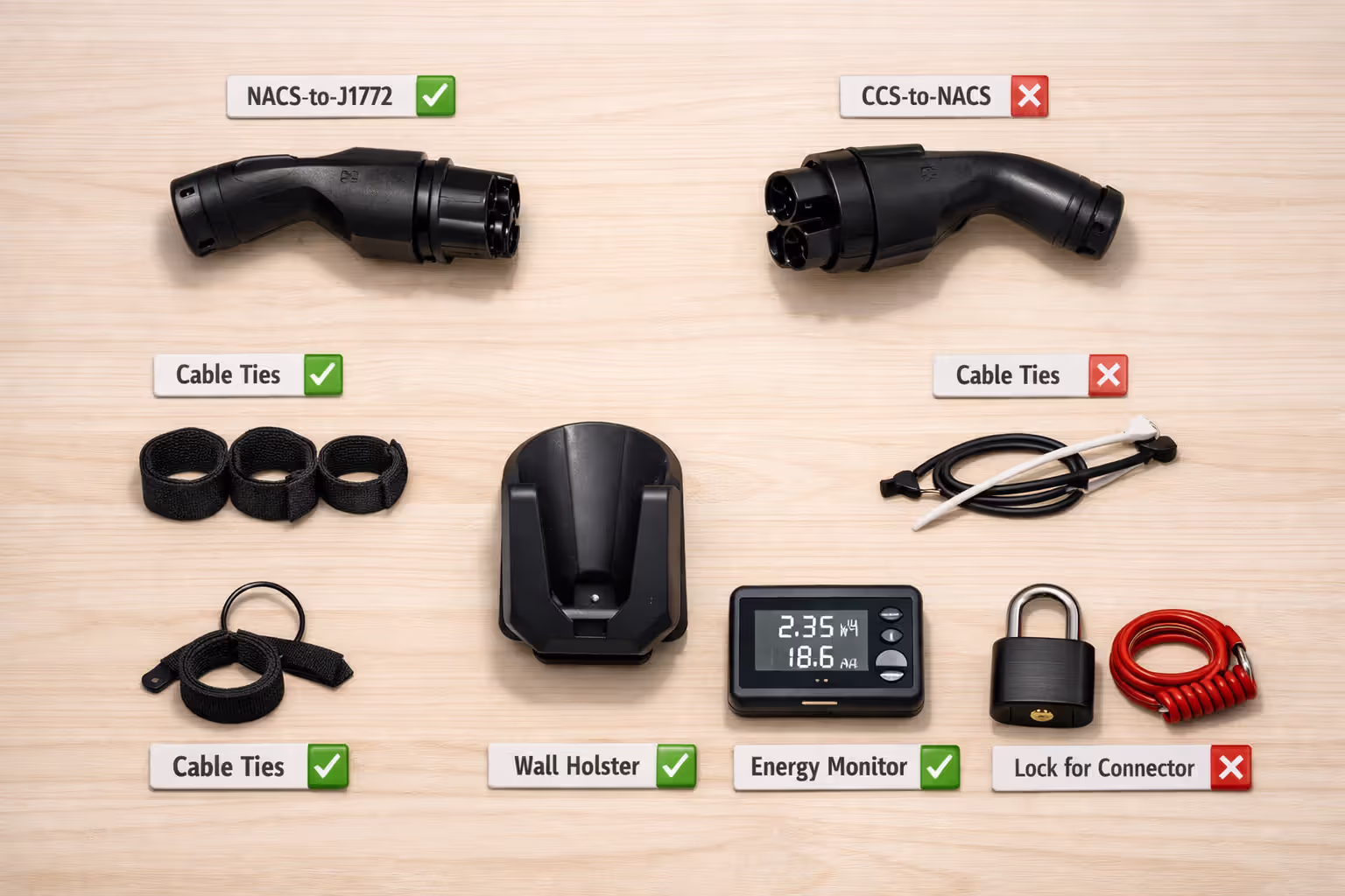 Flat lay of EV charging accessories on a wooden table including NACS and CCS adapters, Velcro cable ties, wall holster, energy monitor, and connector lock