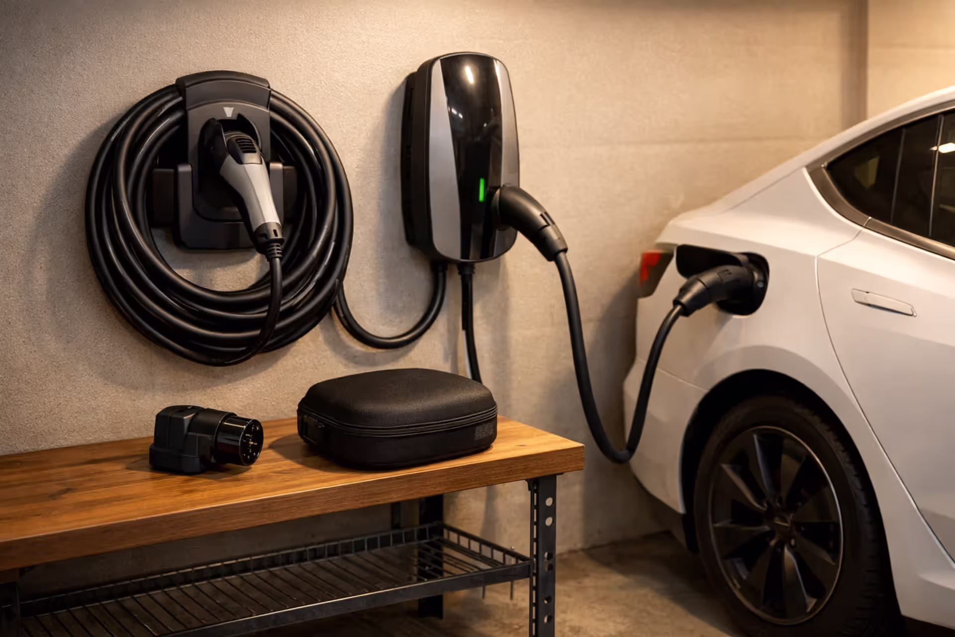 Electric vehicle in a home garage plugged into a wall-mounted charging station with a neatly organized cable and charging accessories on a nearby shelf