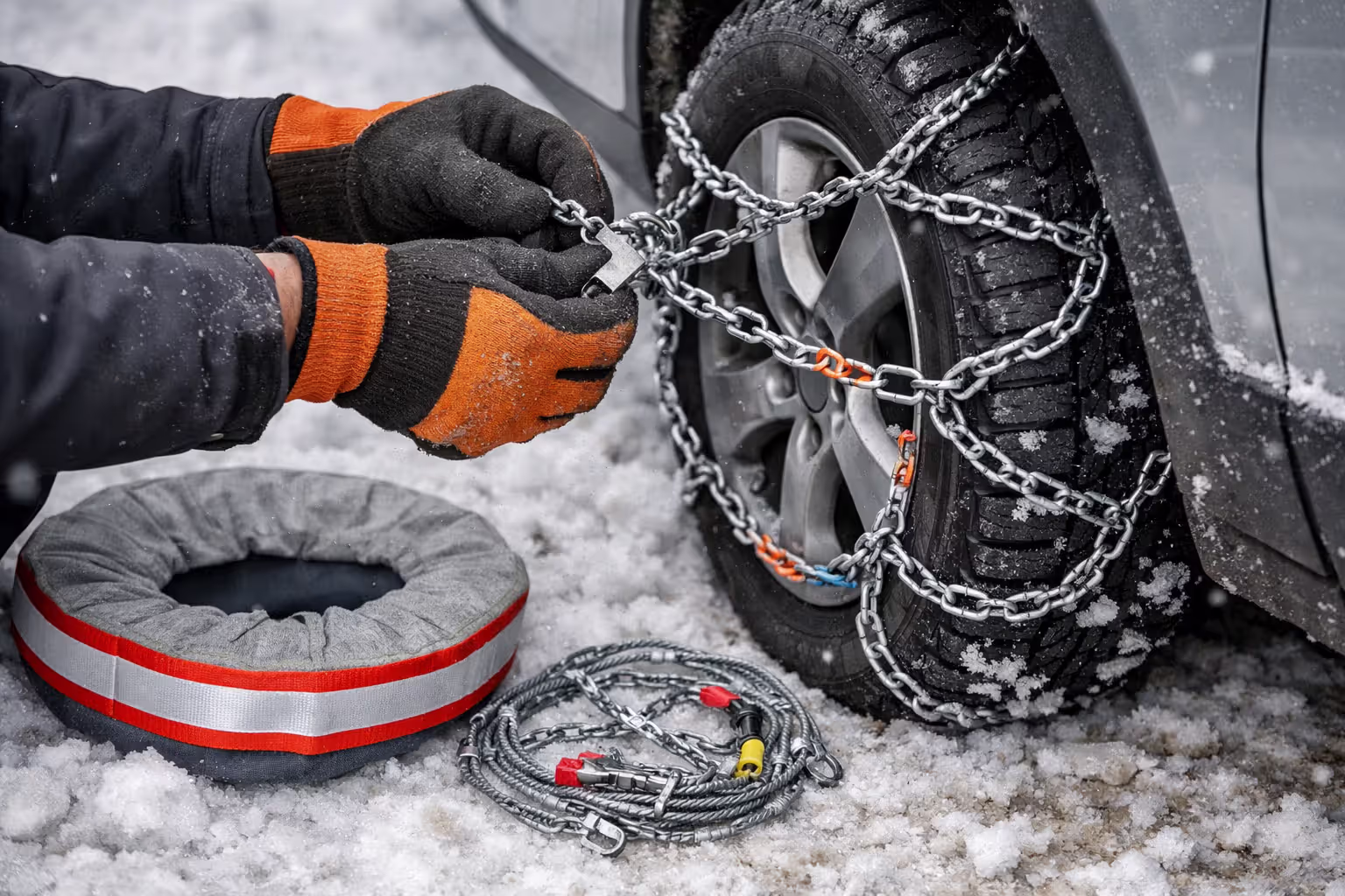 Gloved hands installing metal tire chains on a car wheel in snowy conditions with cable chains and tire socks nearby