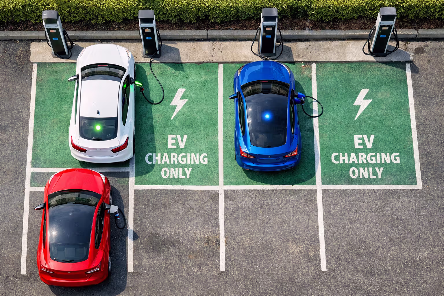 Overhead view of EV charging station showing one car finished charging, one actively charging, and one parked without being plugged in
