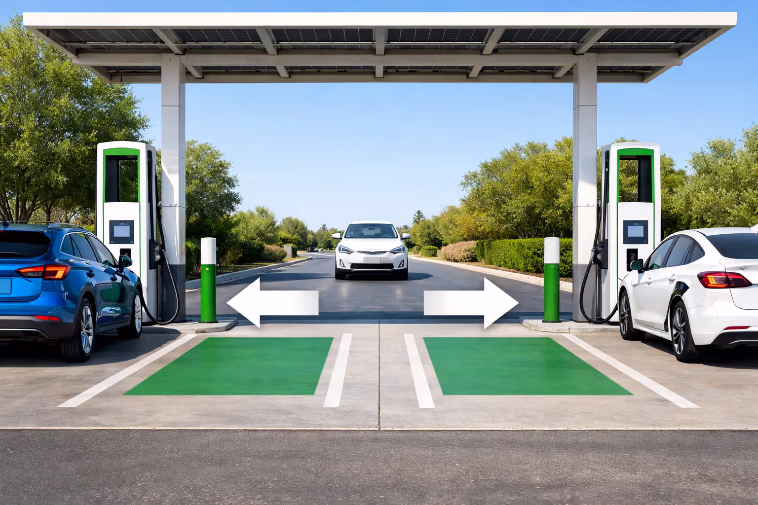 Two electric vehicles parked in outer stalls of a four-stall charging station leaving middle stalls open for easy access