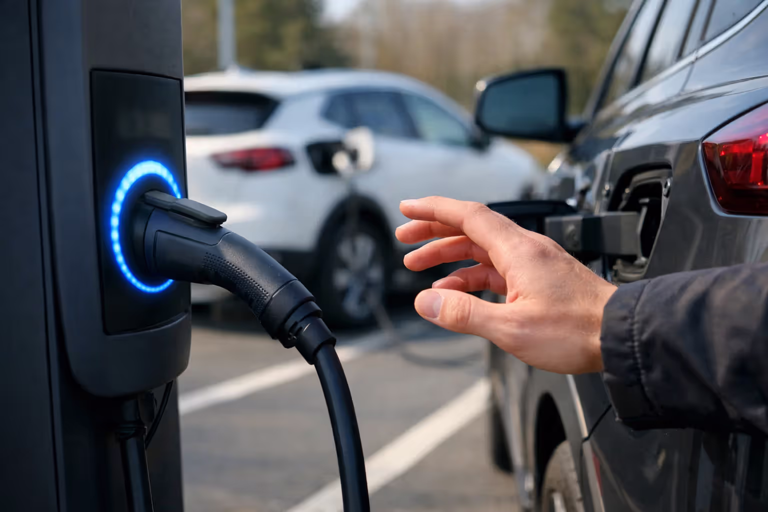 A hand hesitating to touch an EV charging cable plugged into another car while a second electric vehicle waits with an empty charging port