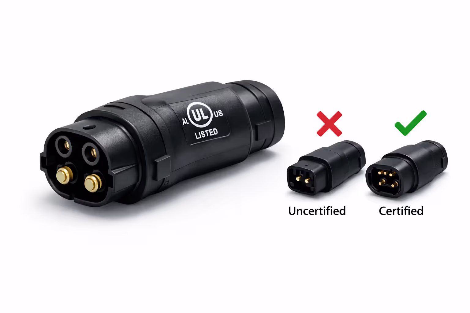 Close-up of a certified CCS-to-NACS EV charging adapter with gold contact pins compared to an uncertified cheap adapter