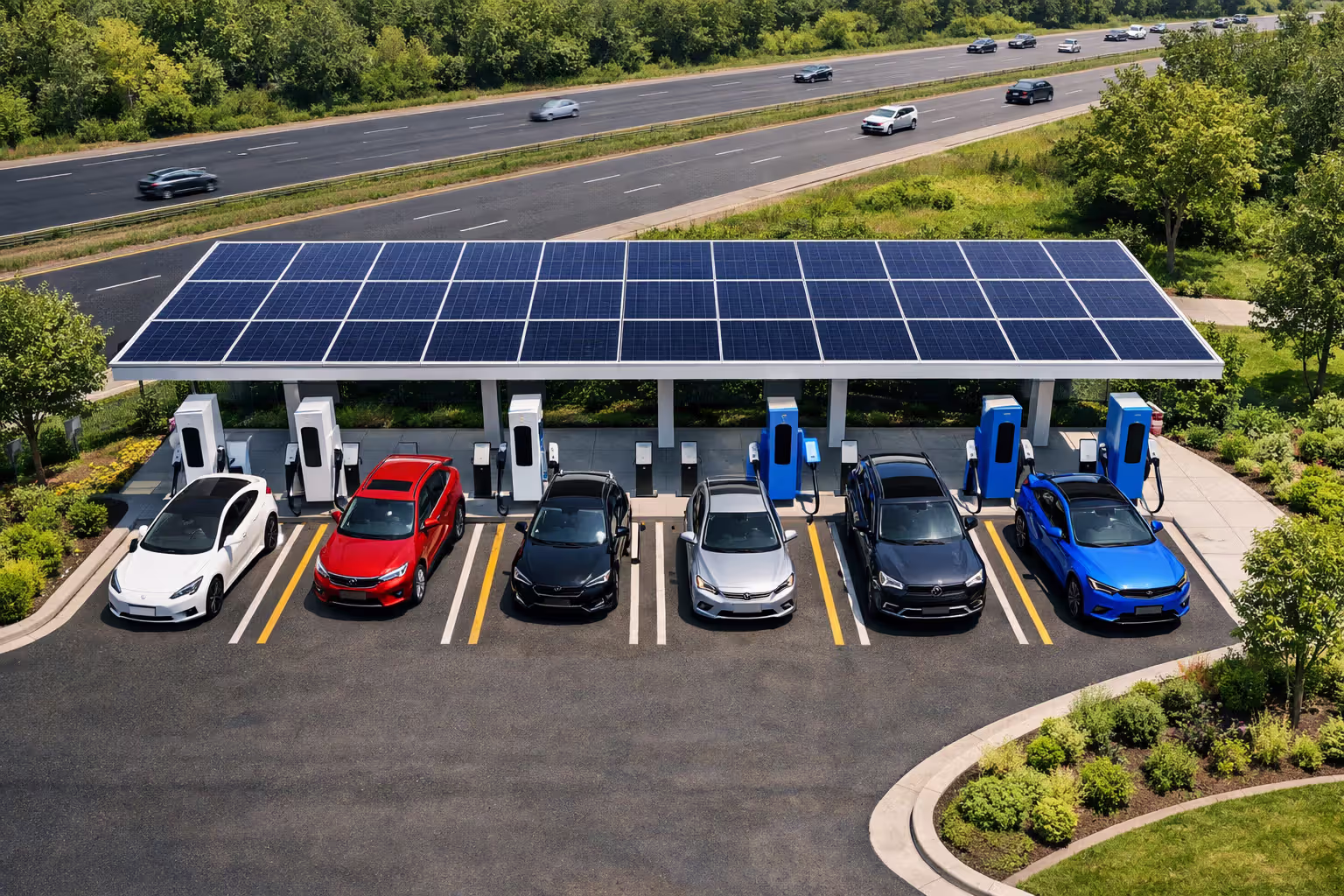 Aerial view of a dual-standard highway EV charging station with both NACS and CCS connectors serving multiple electric vehicles