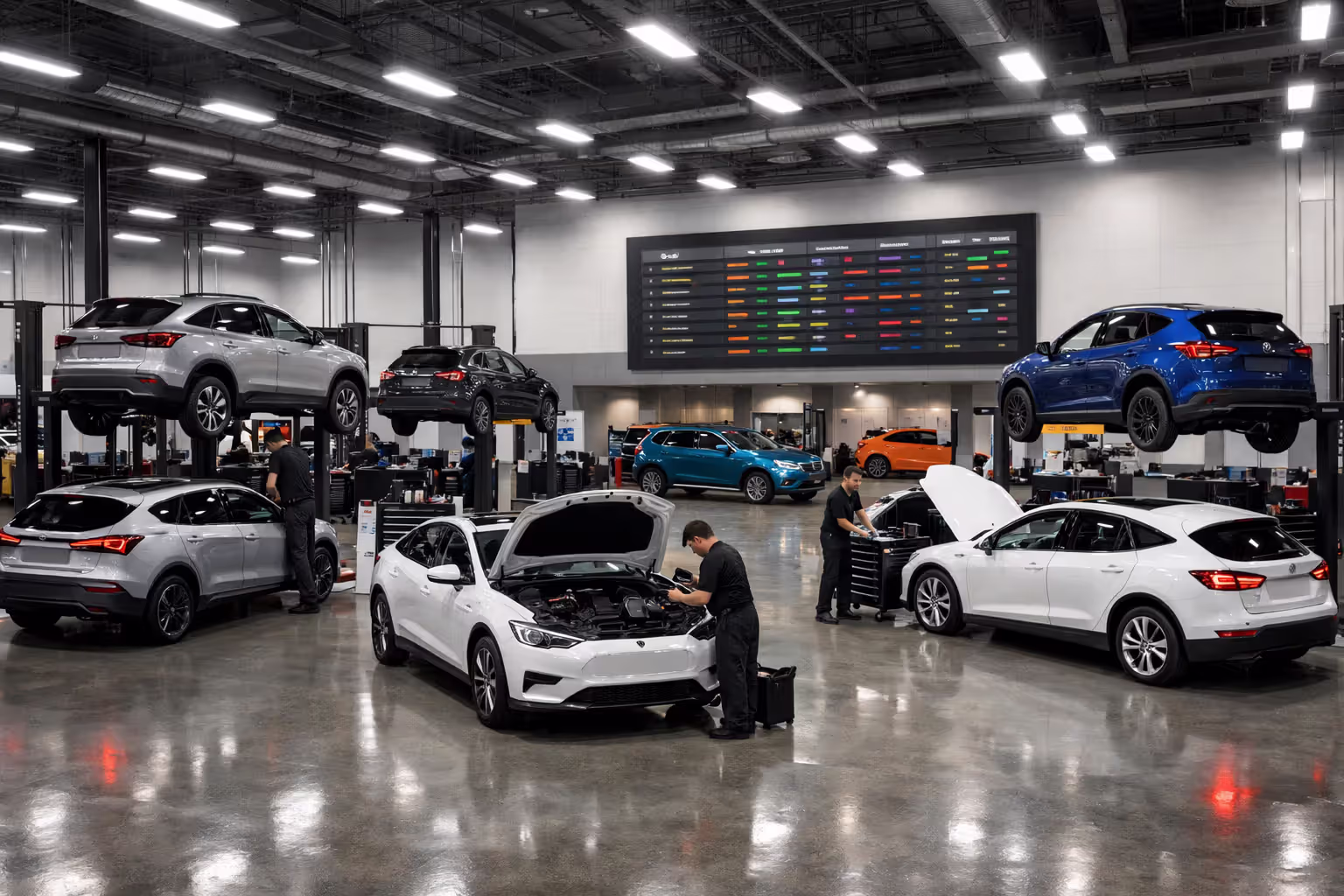 Modern multi-bay automotive service center with several electric vehicles being repaired simultaneously