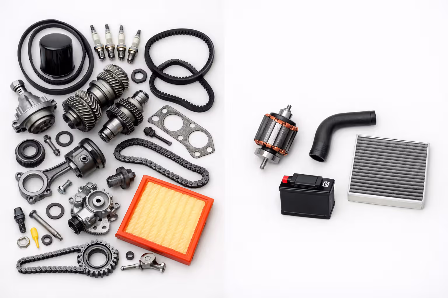 Flat-lay comparison showing numerous gas engine maintenance parts versus minimal electric vehicle service components