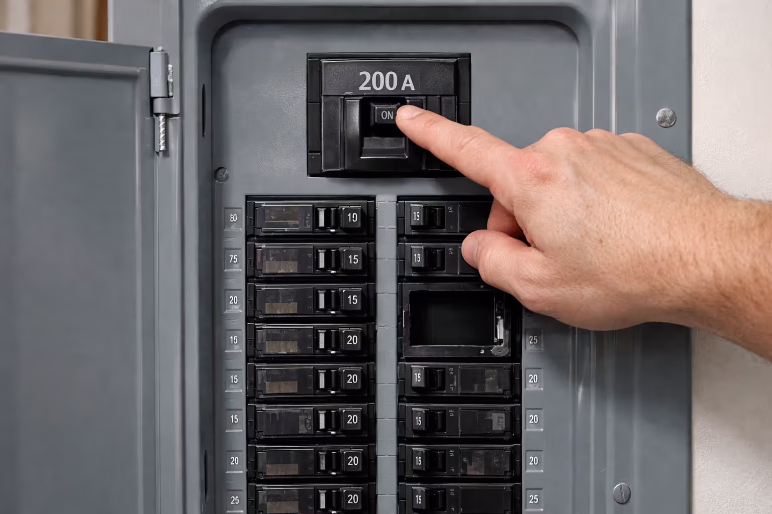 Open residential 200-amp electrical breaker panel showing main breaker and circuit breaker rows with available capacity