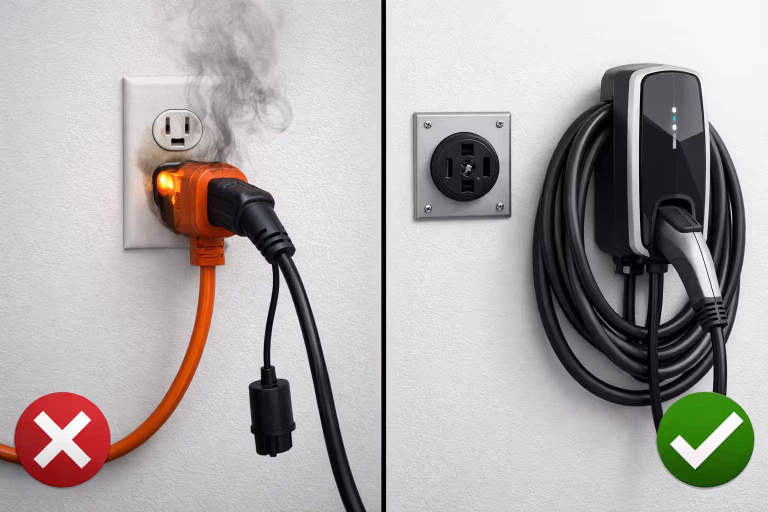 Split comparison showing incorrect EV charging with extension cord versus correct dedicated wall outlet and EVSE installation