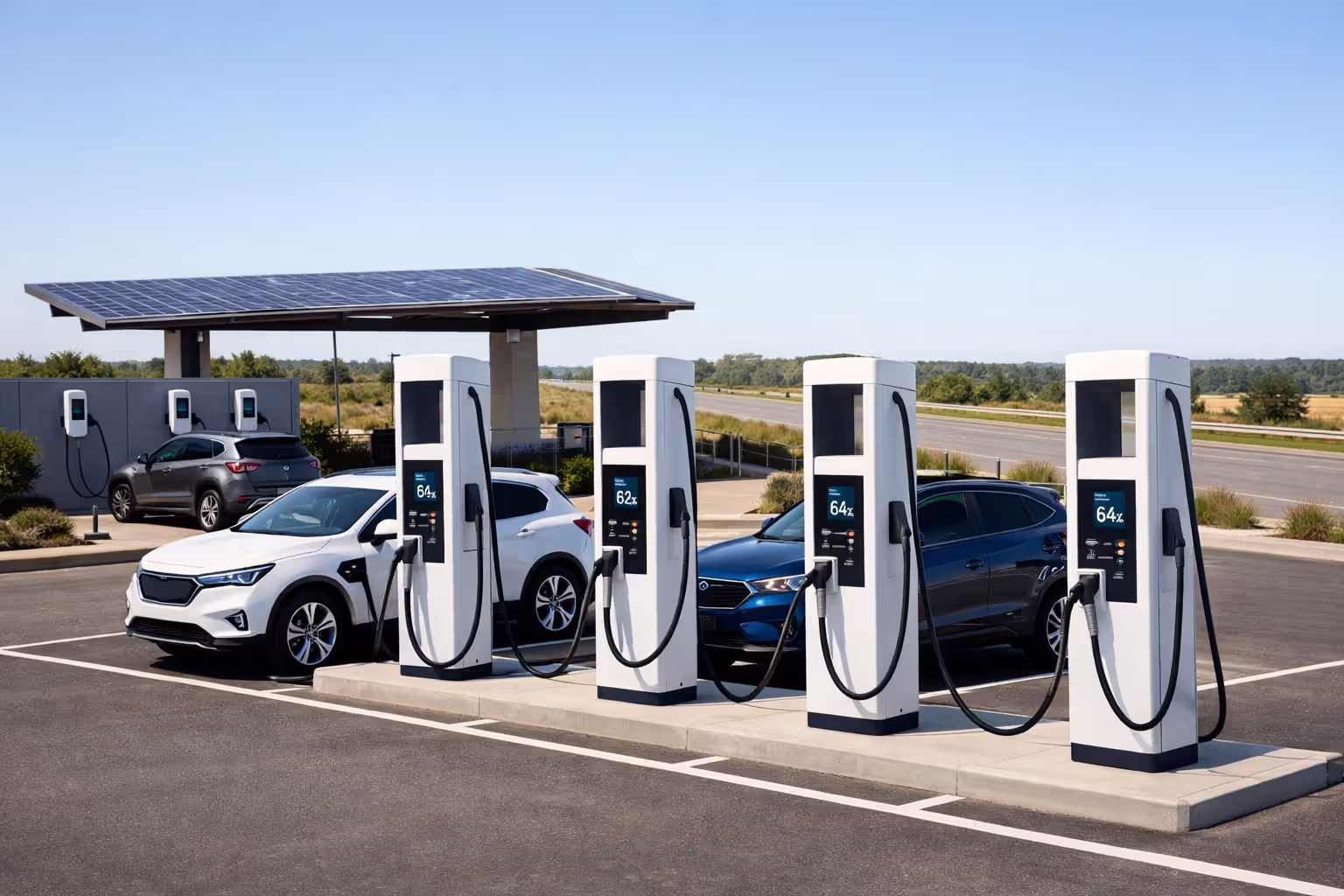 Public EV charging plaza at highway rest stop with DC fast chargers and Level 2 stations serving electric and plug-in hybrid vehicles