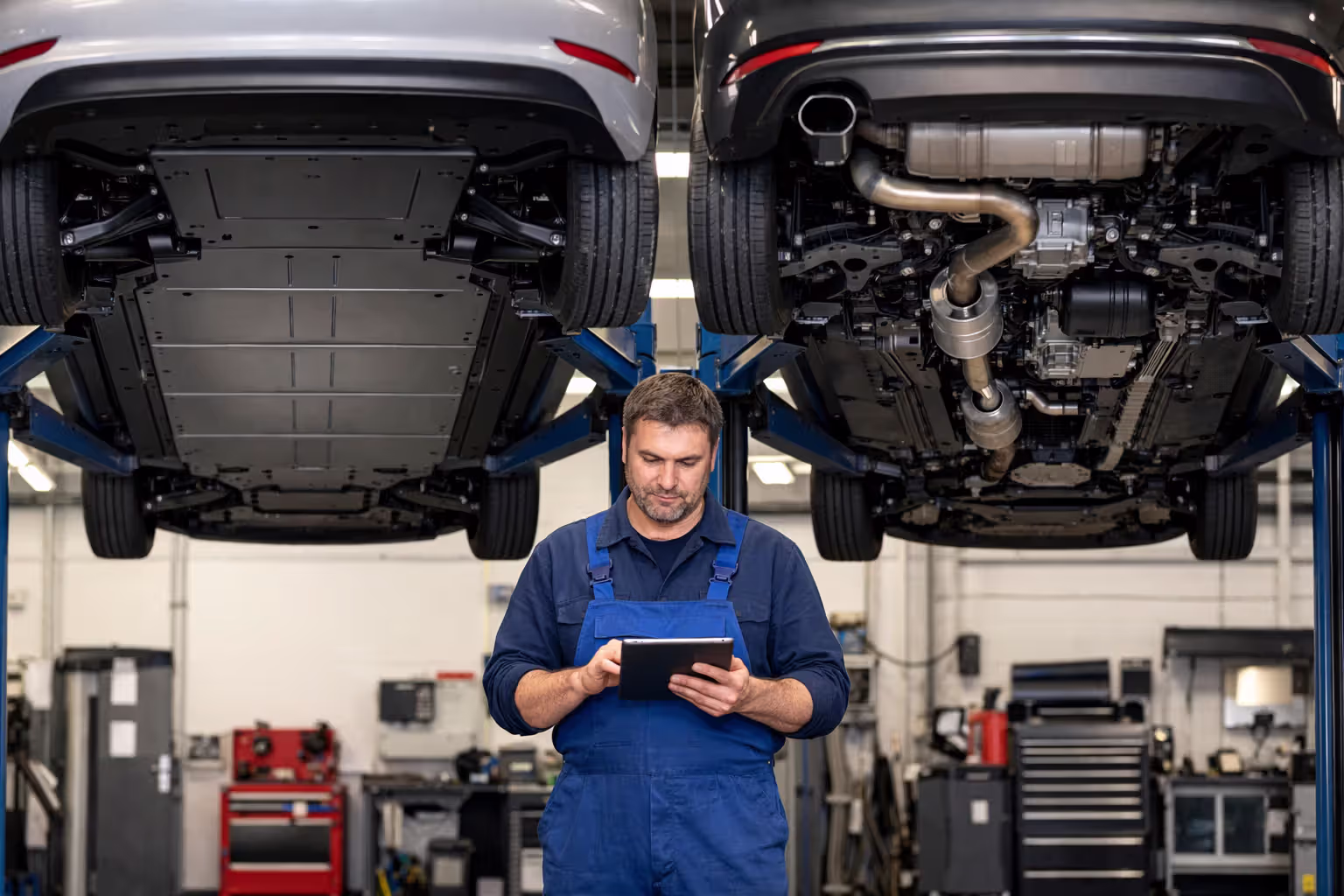 Side-by-side comparison of EV and PHEV undercarriages on repair shop lifts showing mechanical complexity difference