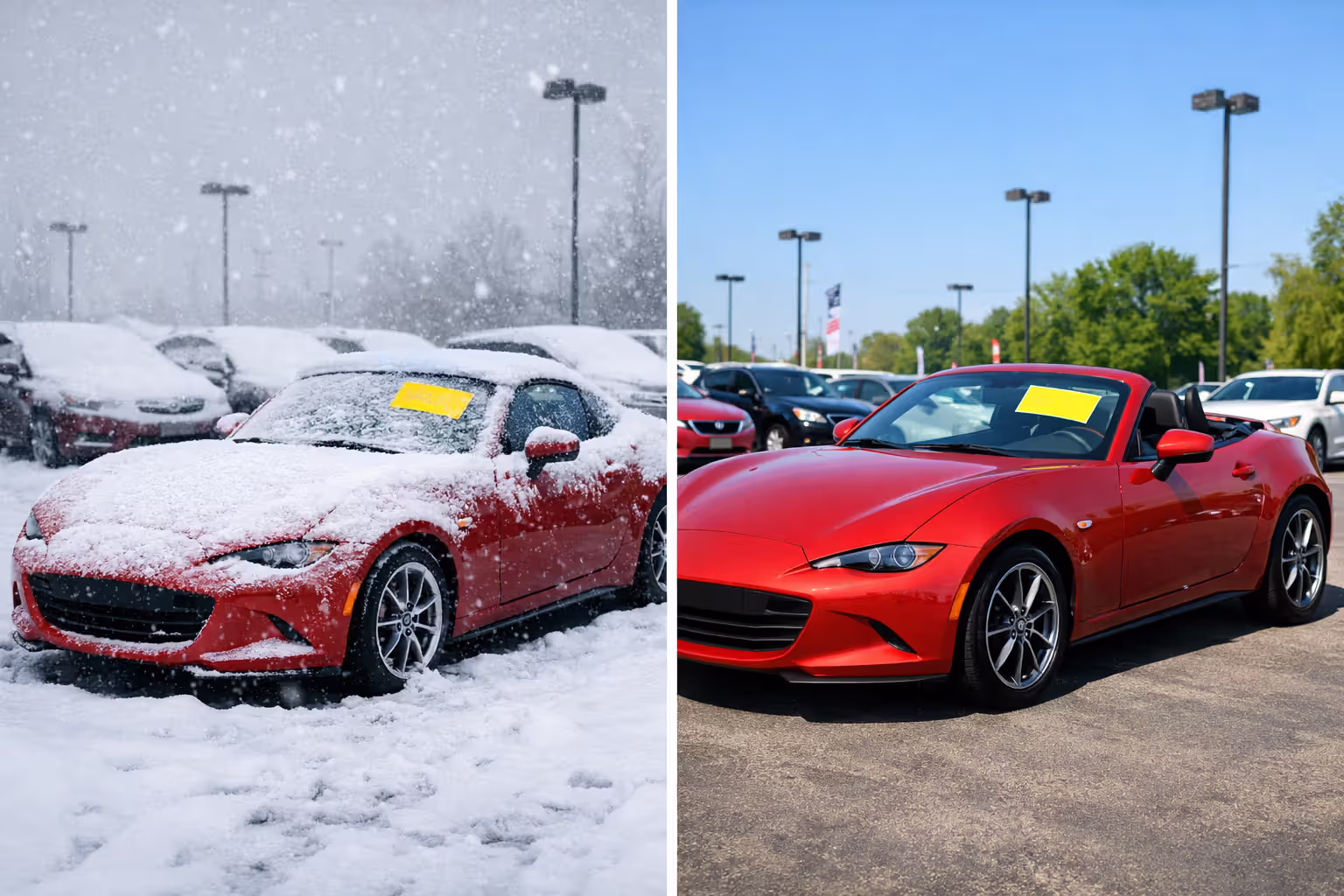Split comparison showing a convertible sports car on a snowy winter lot with reduced price versus the same car on a sunny summer lot at full price