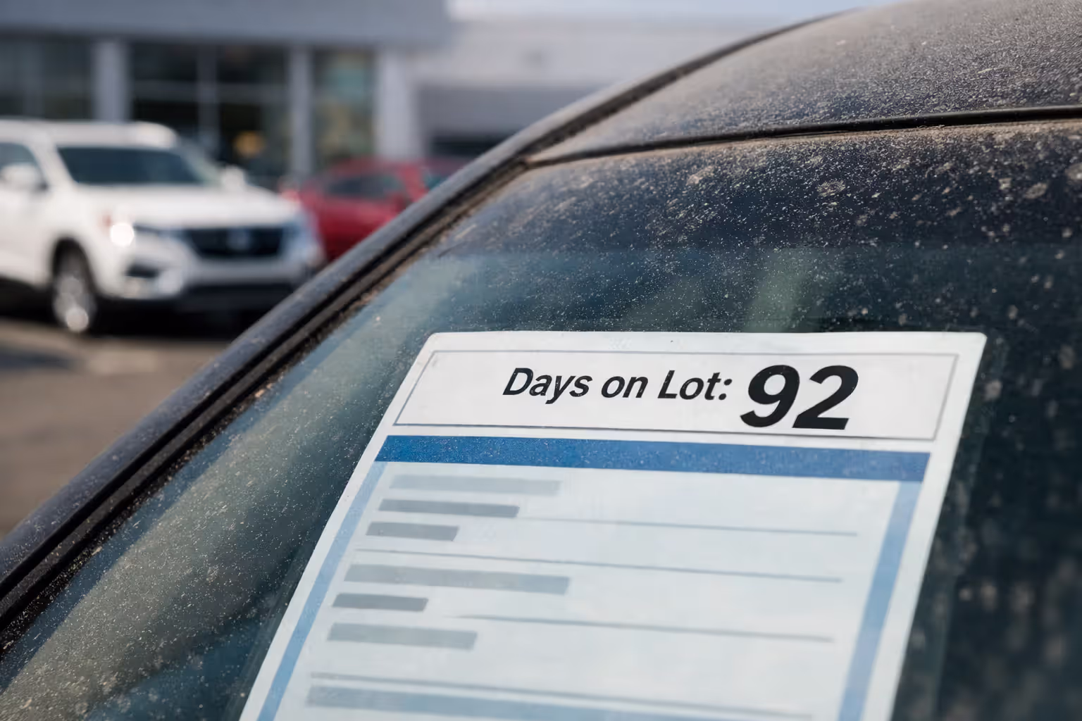 Dusty car at the far end of a dealership lot with a 92 days on lot indicator on the windshield and newer cars near the showroom