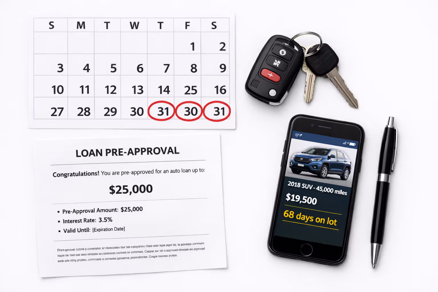 Flat lay of a calendar with month-end dates circled in red alongside car keys, a loan pre-approval letter, and a phone showing vehicle listing days on lot