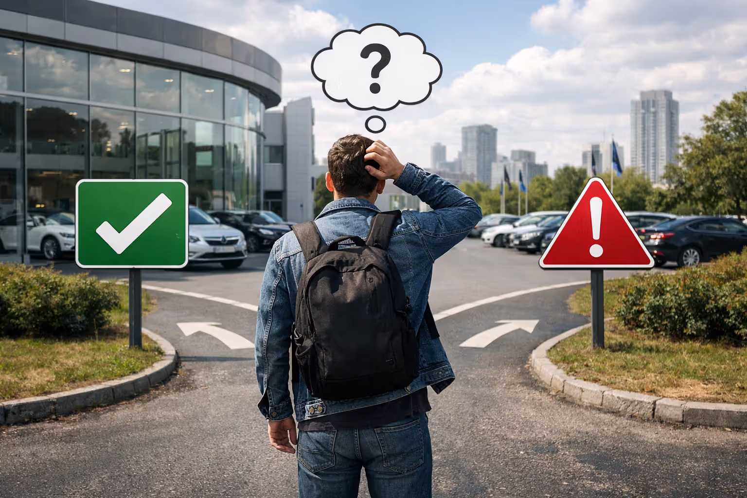 Confused car buyer standing at a crossroads near a dealership deciding between financial options