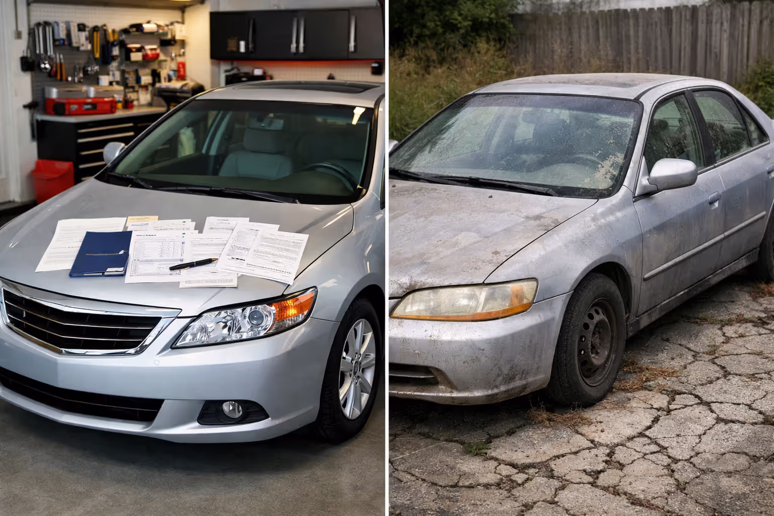 Side-by-side comparison of well-maintained versus neglected identical sedan showing impact on resale value