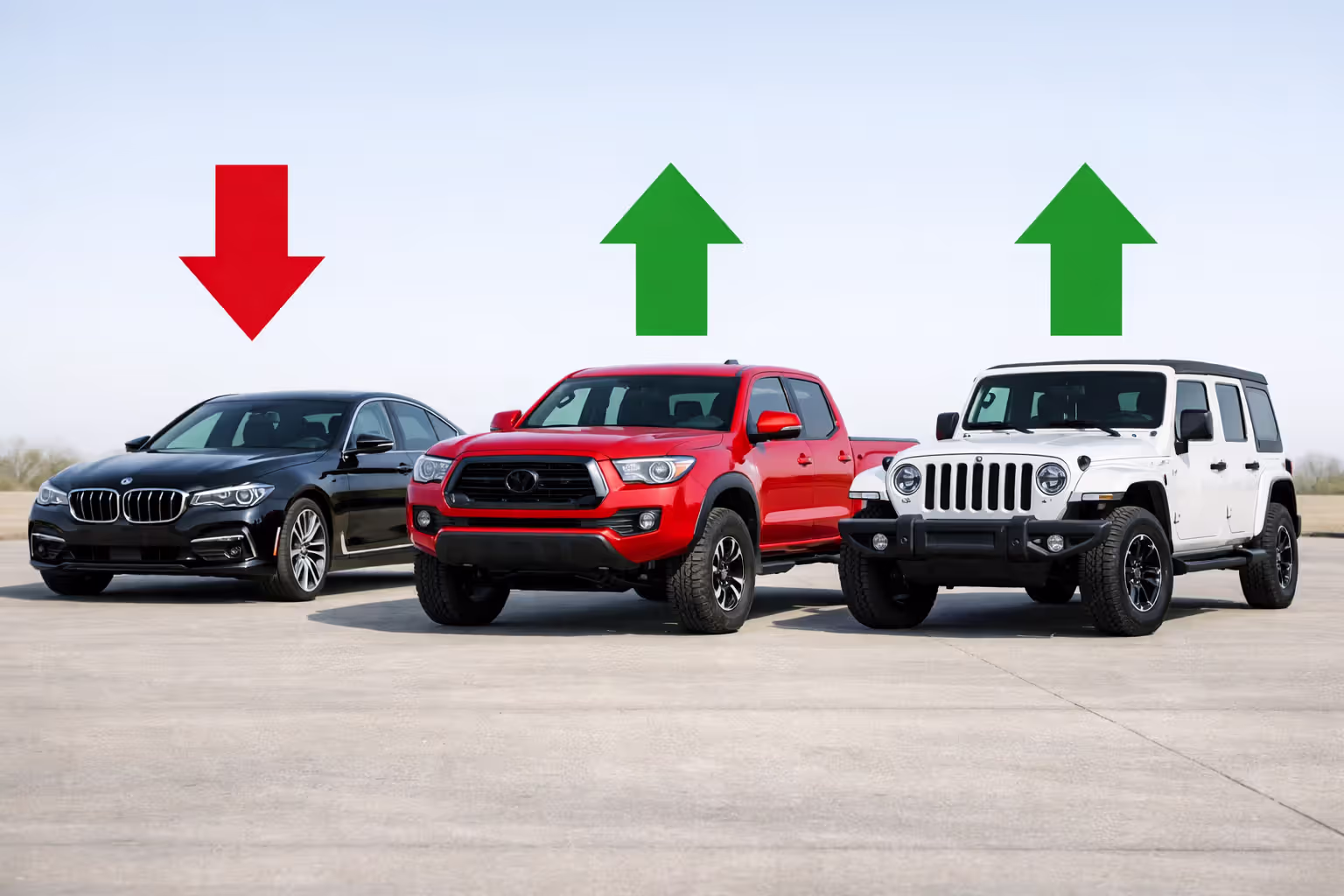 Three vehicles showing depreciation differences: luxury sedan losing value fast, pickup truck and Jeep Wrangler holding value strong