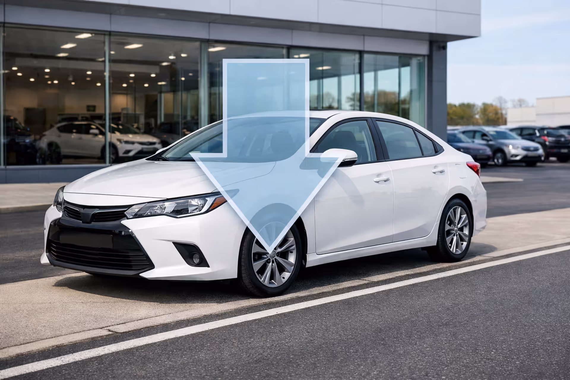 New white sedan at dealership lot with downward arrow symbolizing car depreciation