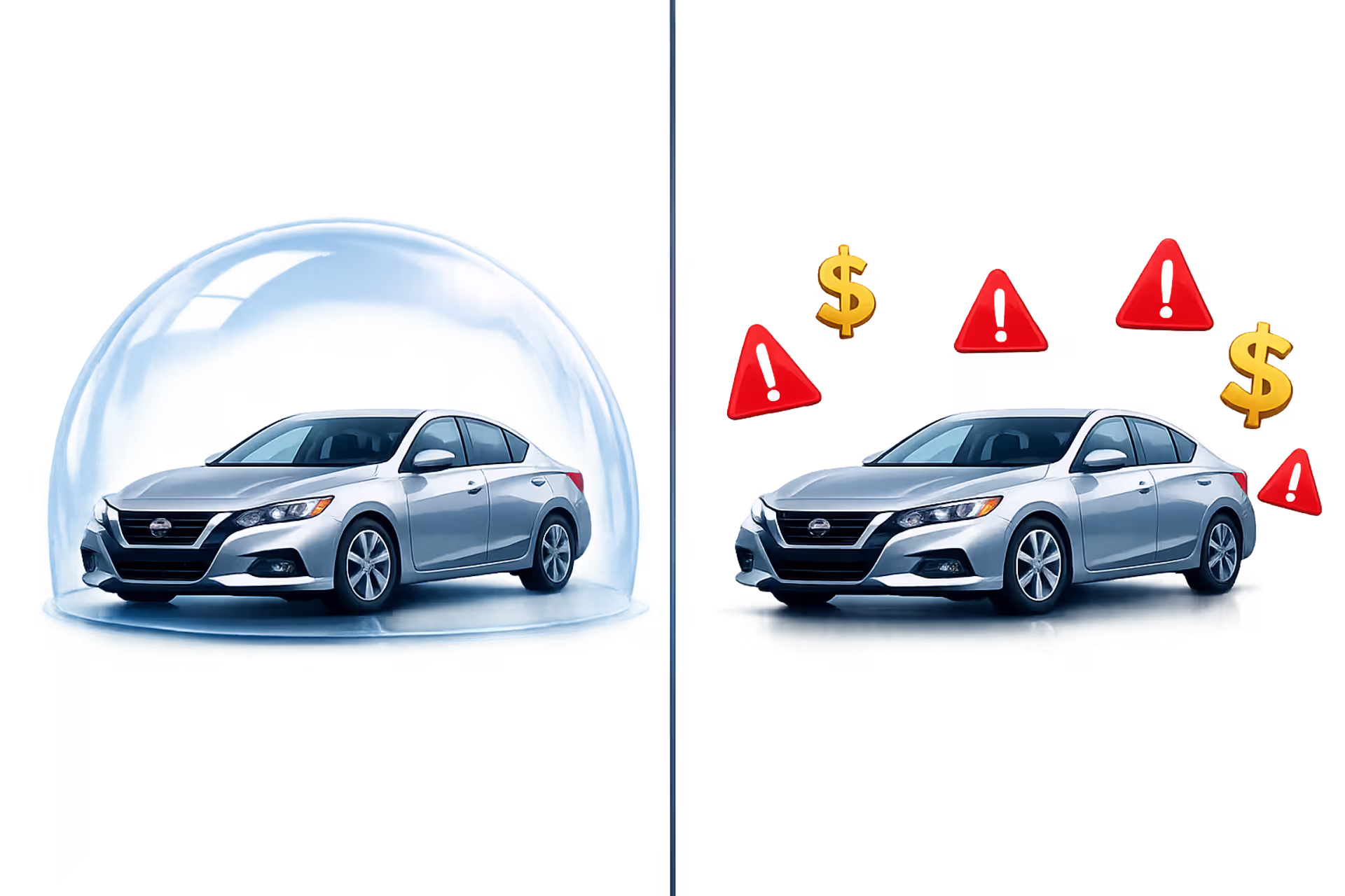 Car with and without insurance protection shield comparing covered versus unprotected vehicle