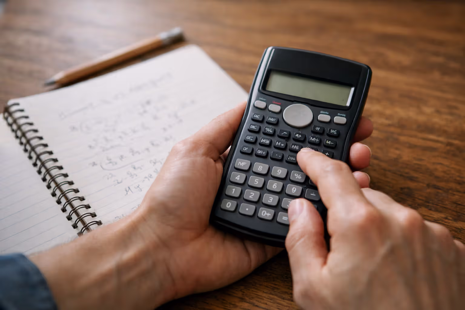 Hands using a scientific calculator next to a notebook with handwritten loan calculation formulas