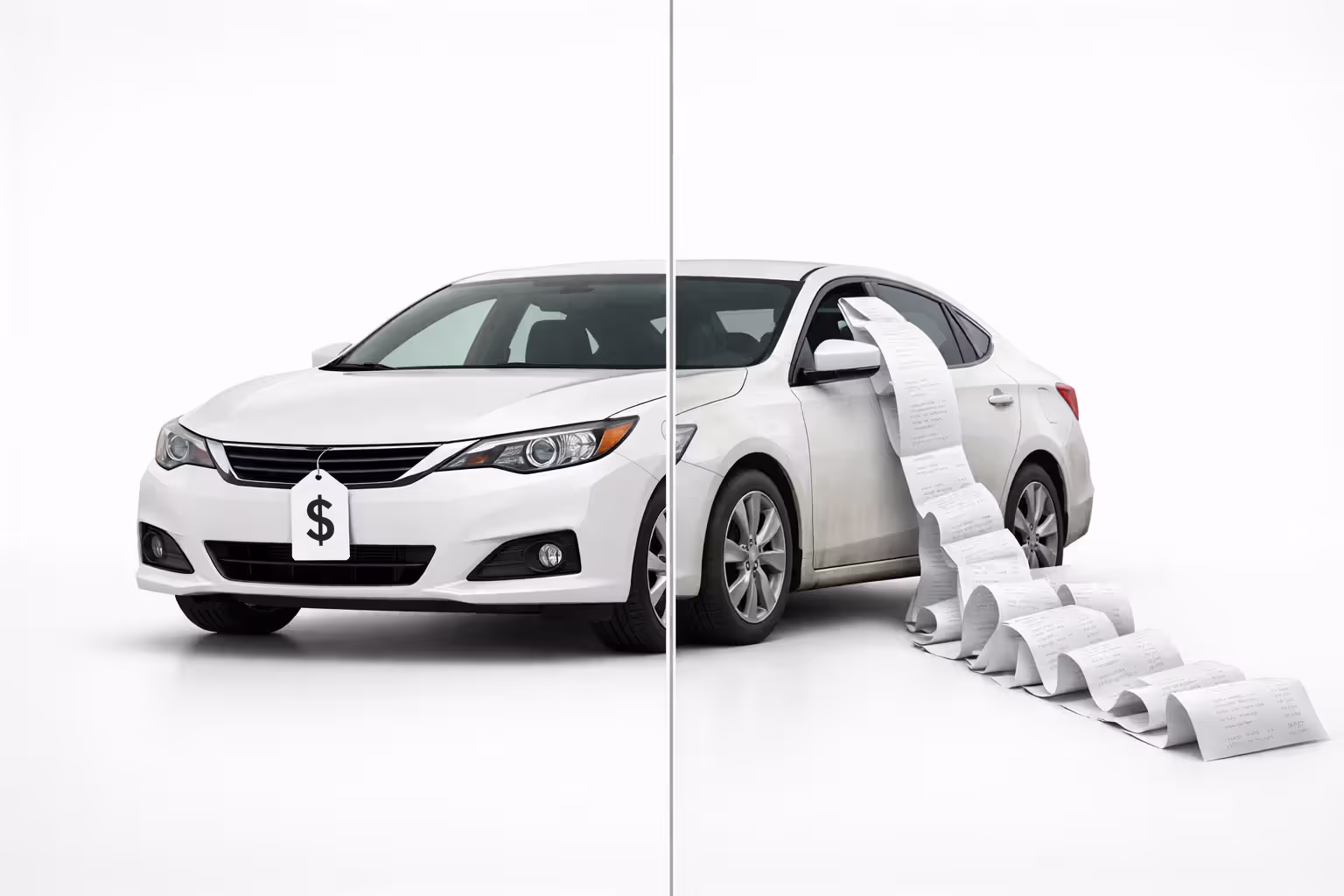 Visual comparison showing a new car with short receipt versus an older car with a long receipt symbolizing short-term and long-term loan costs