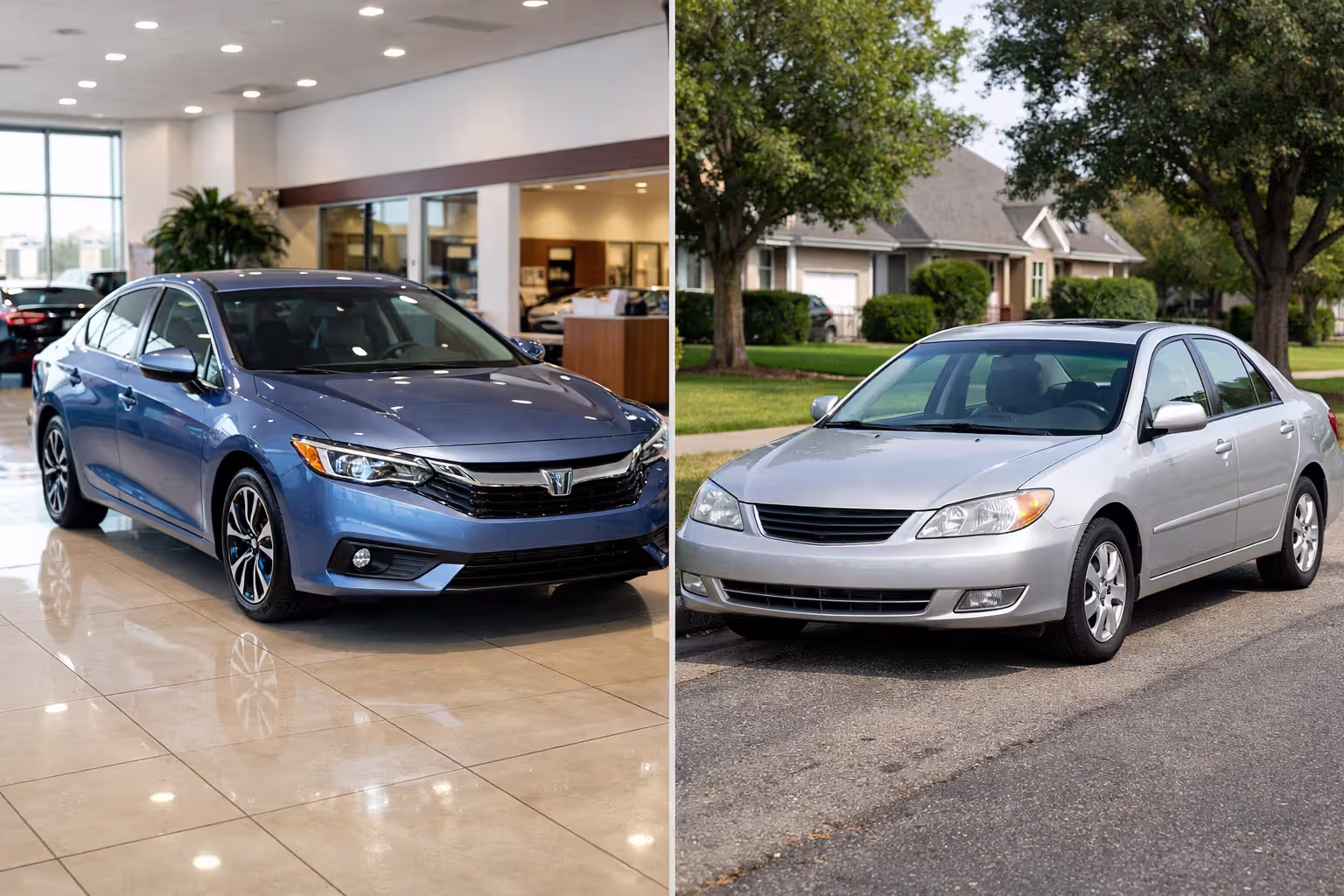 New sedan in dealership showroom compared side by side with older well-maintained sedan on street