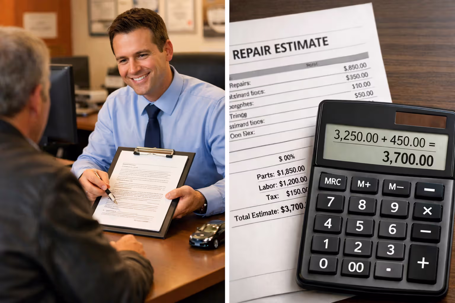 Split image of dealer finance office with salesperson and customer next to calculator with vehicle repair cost estimate