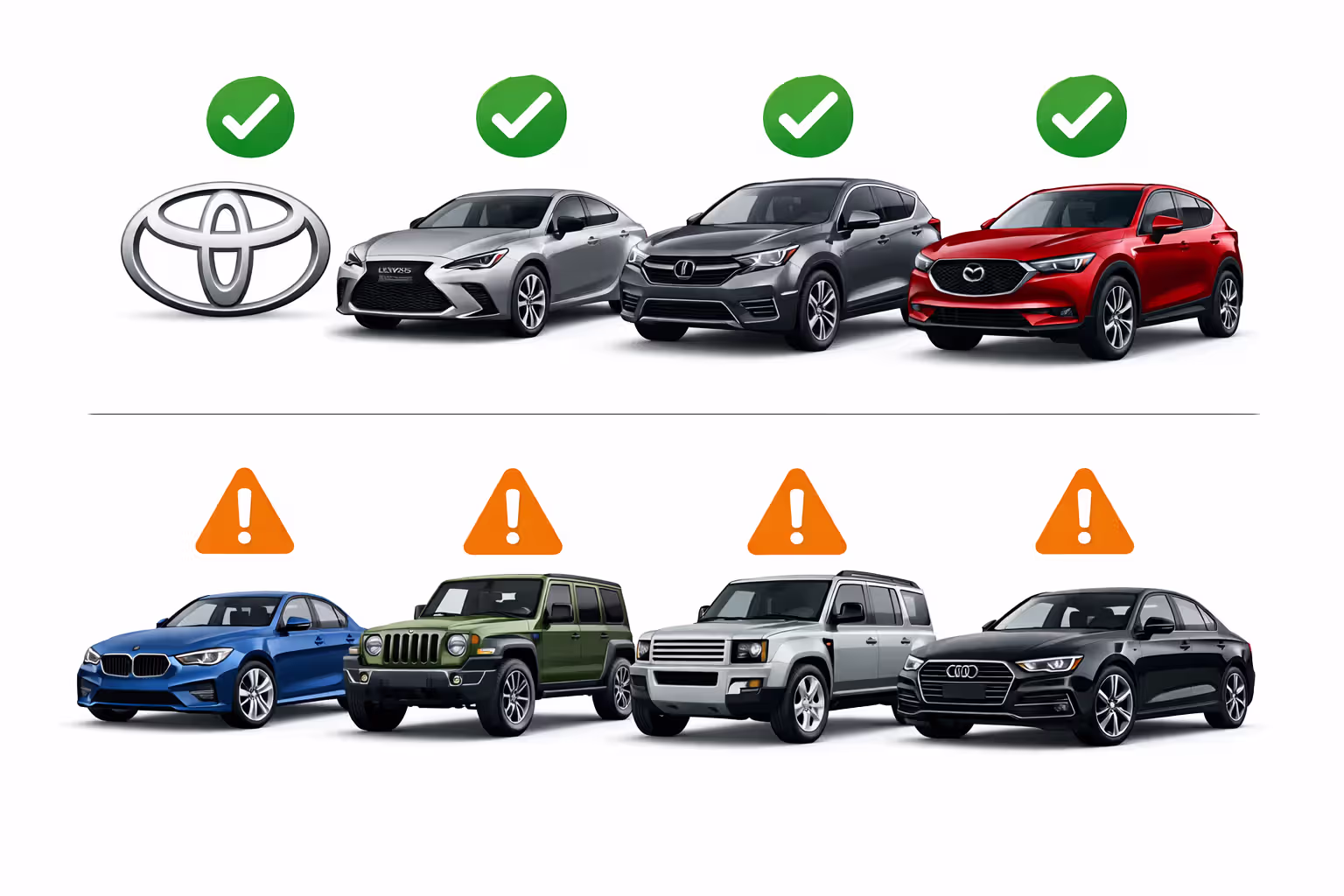 Comparison infographic showing high-reliability car brands with checkmarks versus lower-reliability brands with warning icons