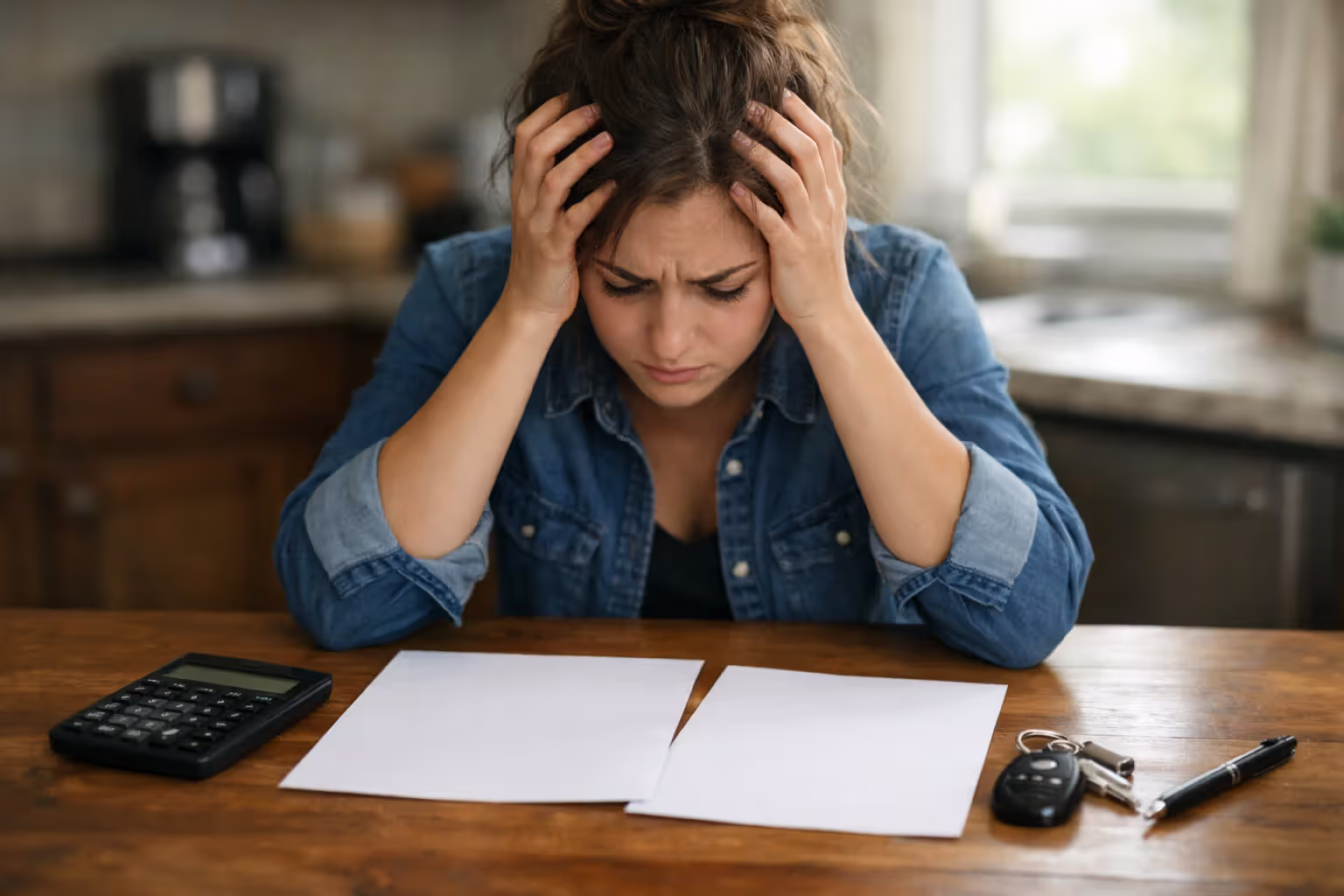 Stressed woman sitting at kitchen table with blank documents calculator and car keys looking worried