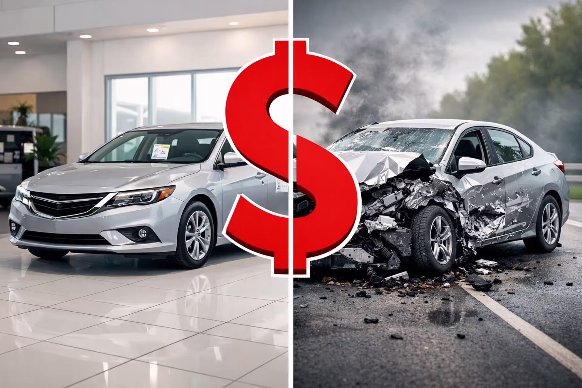 New car in showroom versus totaled car after accident with dollar gap symbol between them