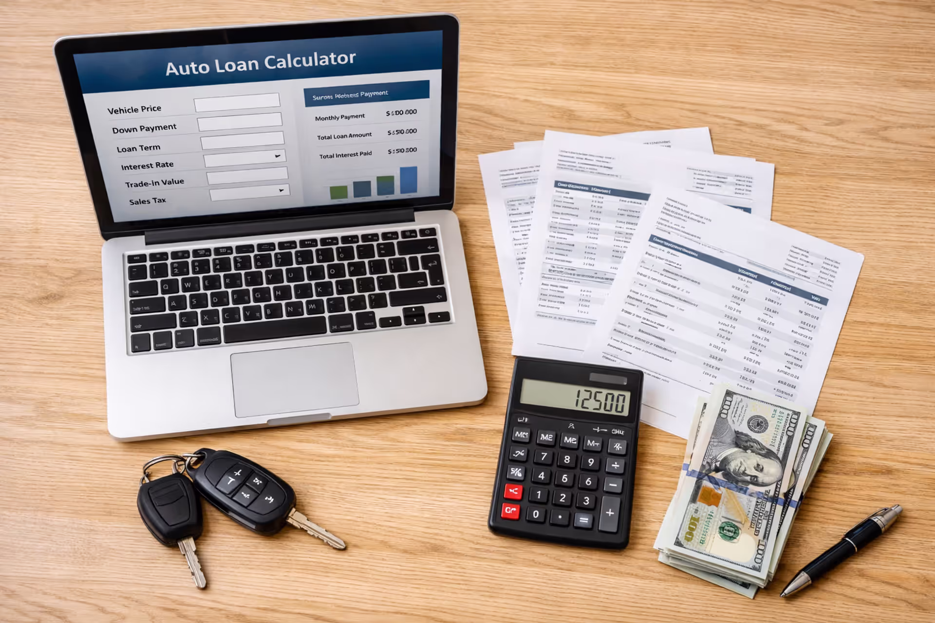 Flat lay of a wooden desk with a laptop showing a car affordability calculator, car keys, bank statements, a calculator, dollar bills, and a pen