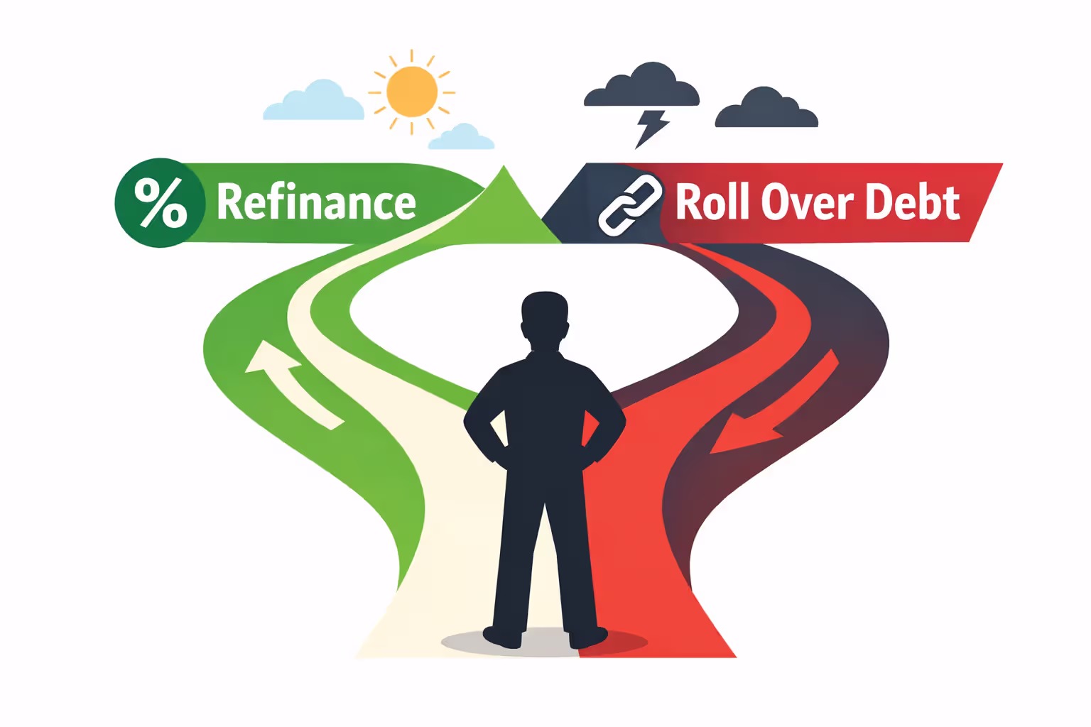 Person standing at a crossroads choosing between refinancing a car loan and rolling over negative equity into a new purchase