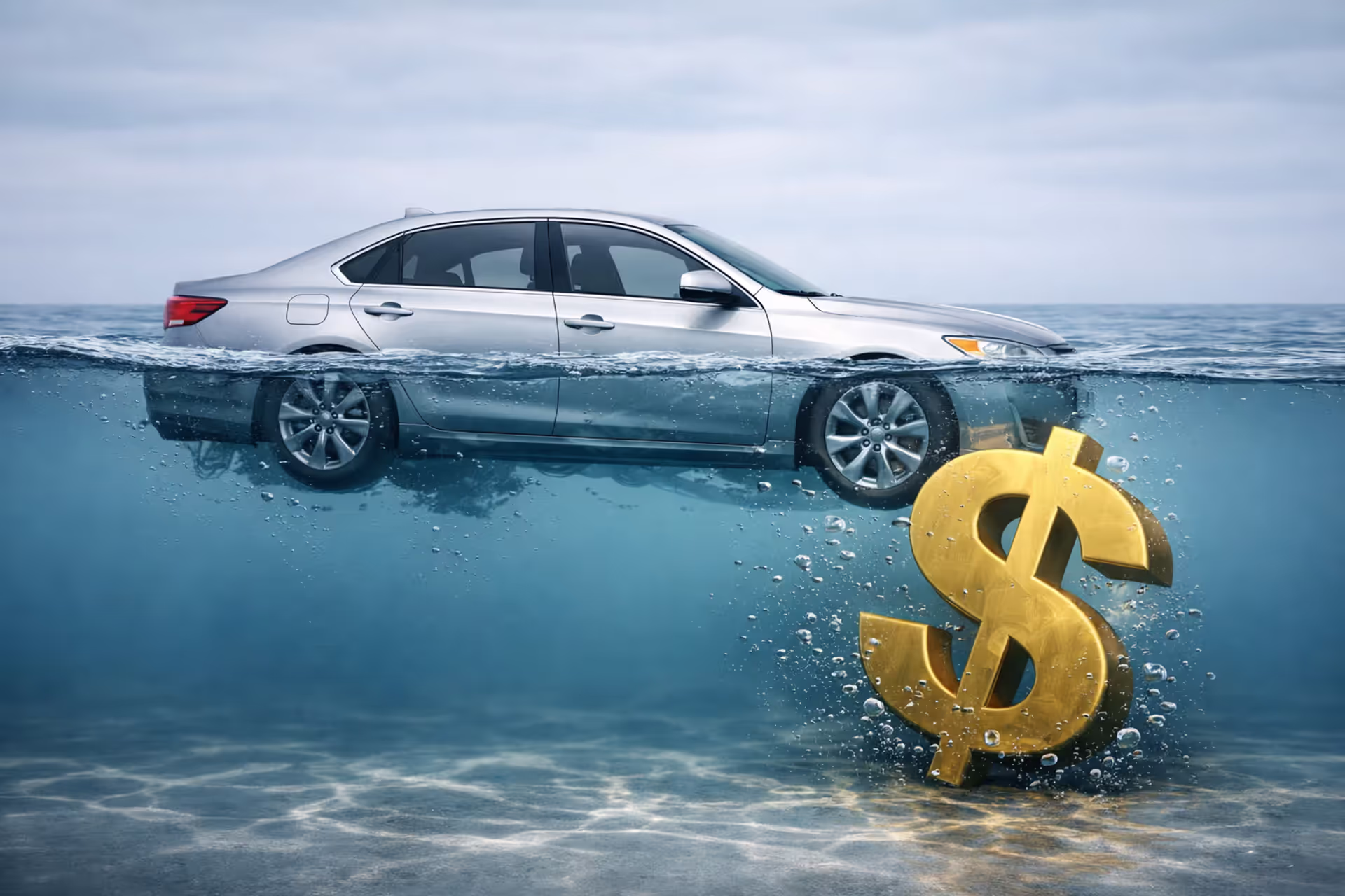 Car partially submerged in water as a visual metaphor for an underwater car loan with negative equity