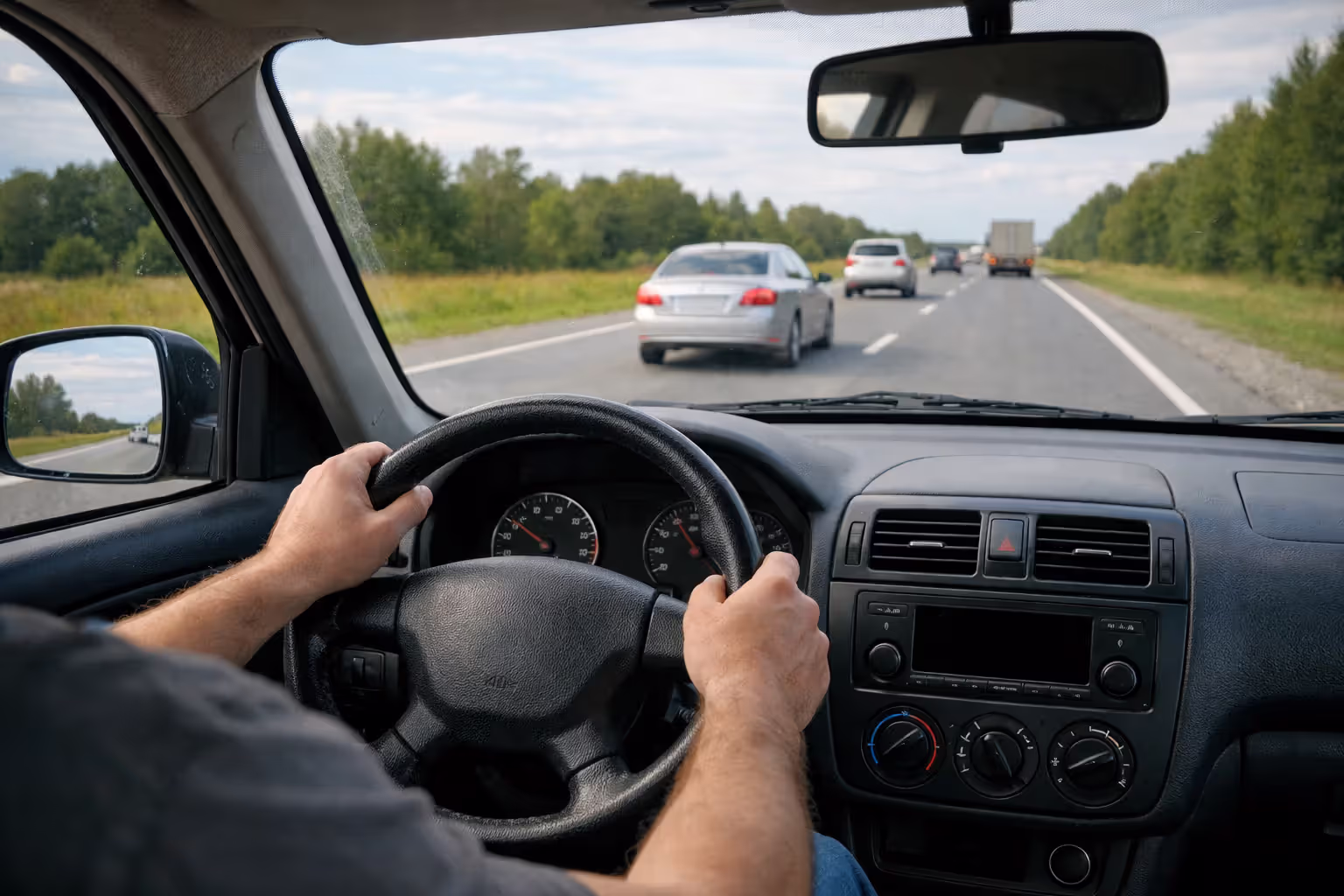 Driver behind the wheel during a used car test drive on an open road with windows down and radio turned off