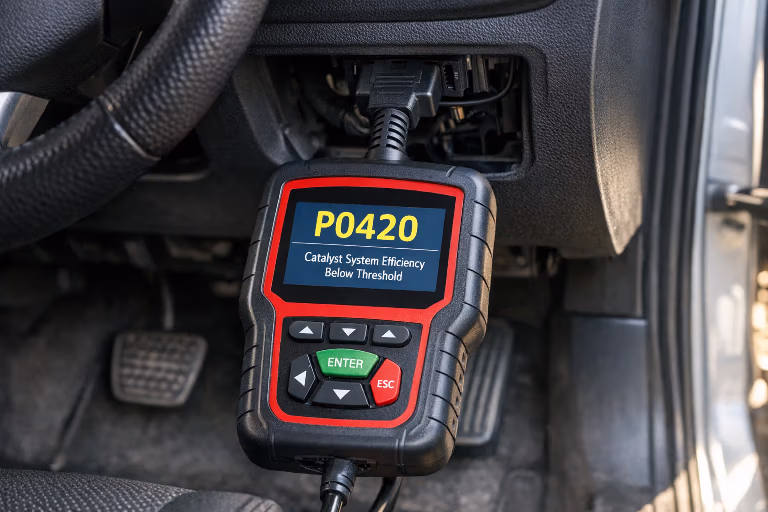 OBD-II diagnostic scanner plugged into car port under steering column displaying fault code P0420 on screen