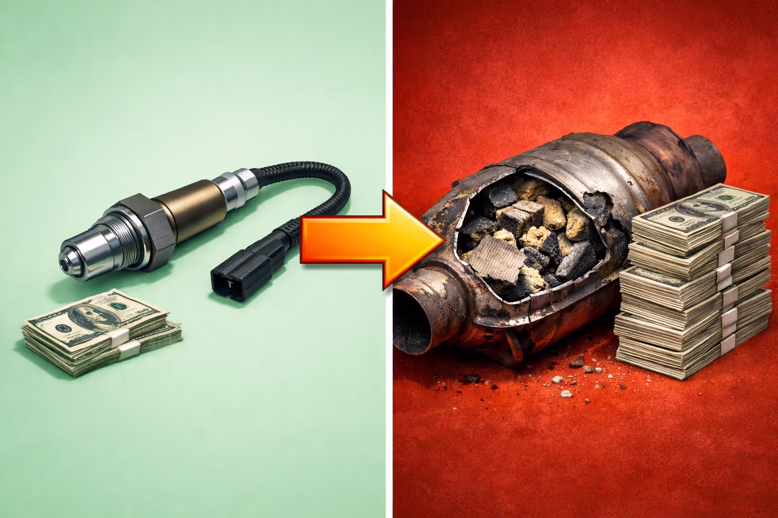 Side by side visual comparison without text showing a small new oxygen sensor with a small stack of money on green background versus a damaged catalytic converter cross-section with a large stack of money on red background connected by an arrow