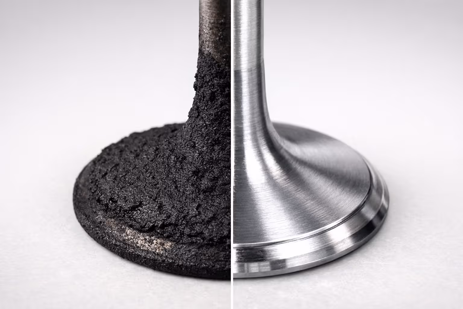 Split comparison image of an engine intake valve before and after carbon cleaning — left side with thick black carbon buildup right side clean metallic surface