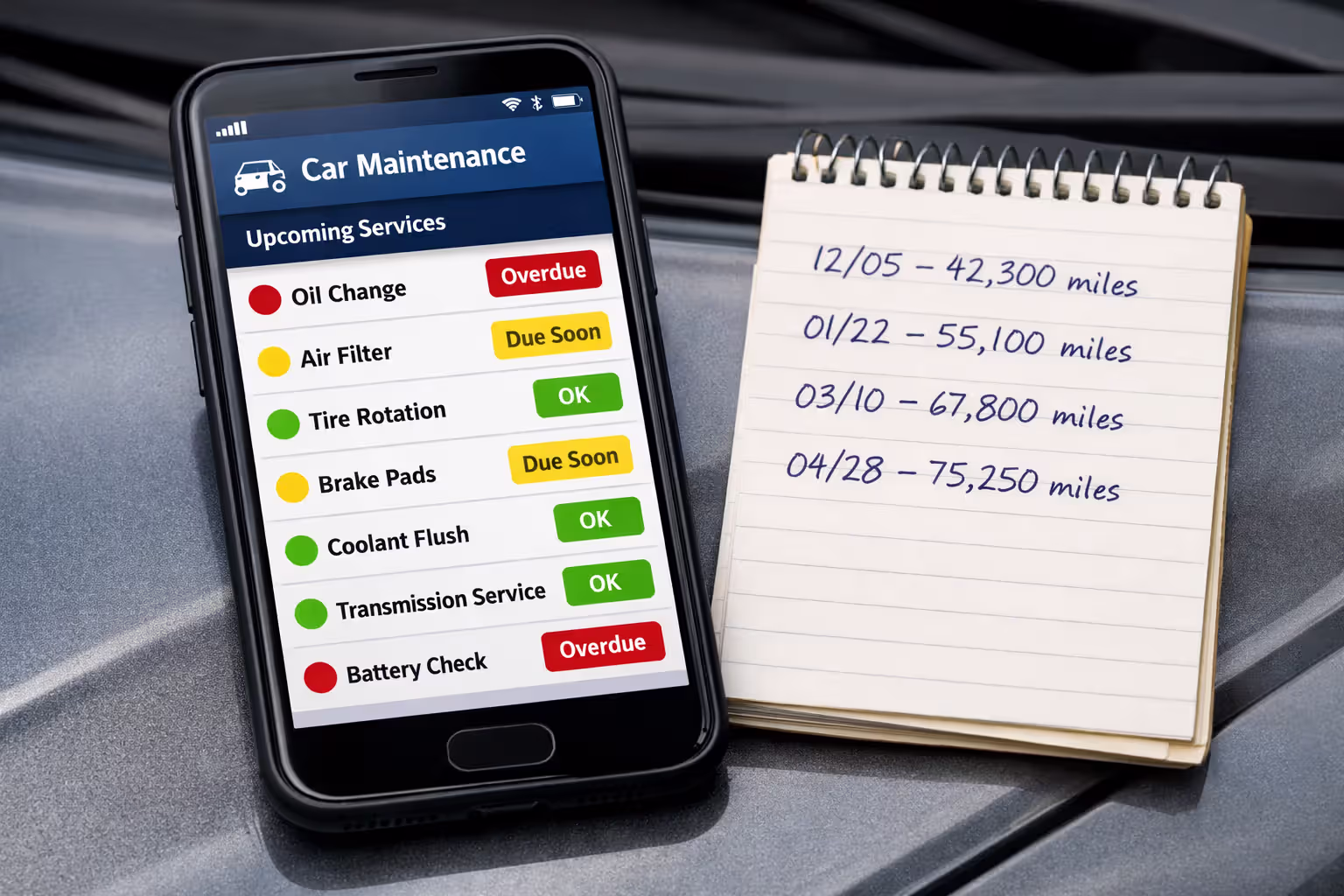 Smartphone maintenance tracking app showing color-coded service reminders next to handwritten paper log on car hood