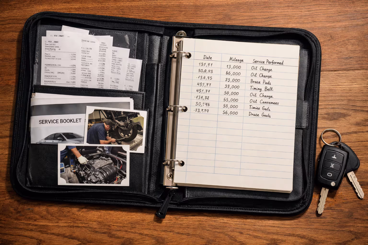 Organized vehicle maintenance records folder with service receipts photos repair log and car key on wooden desk