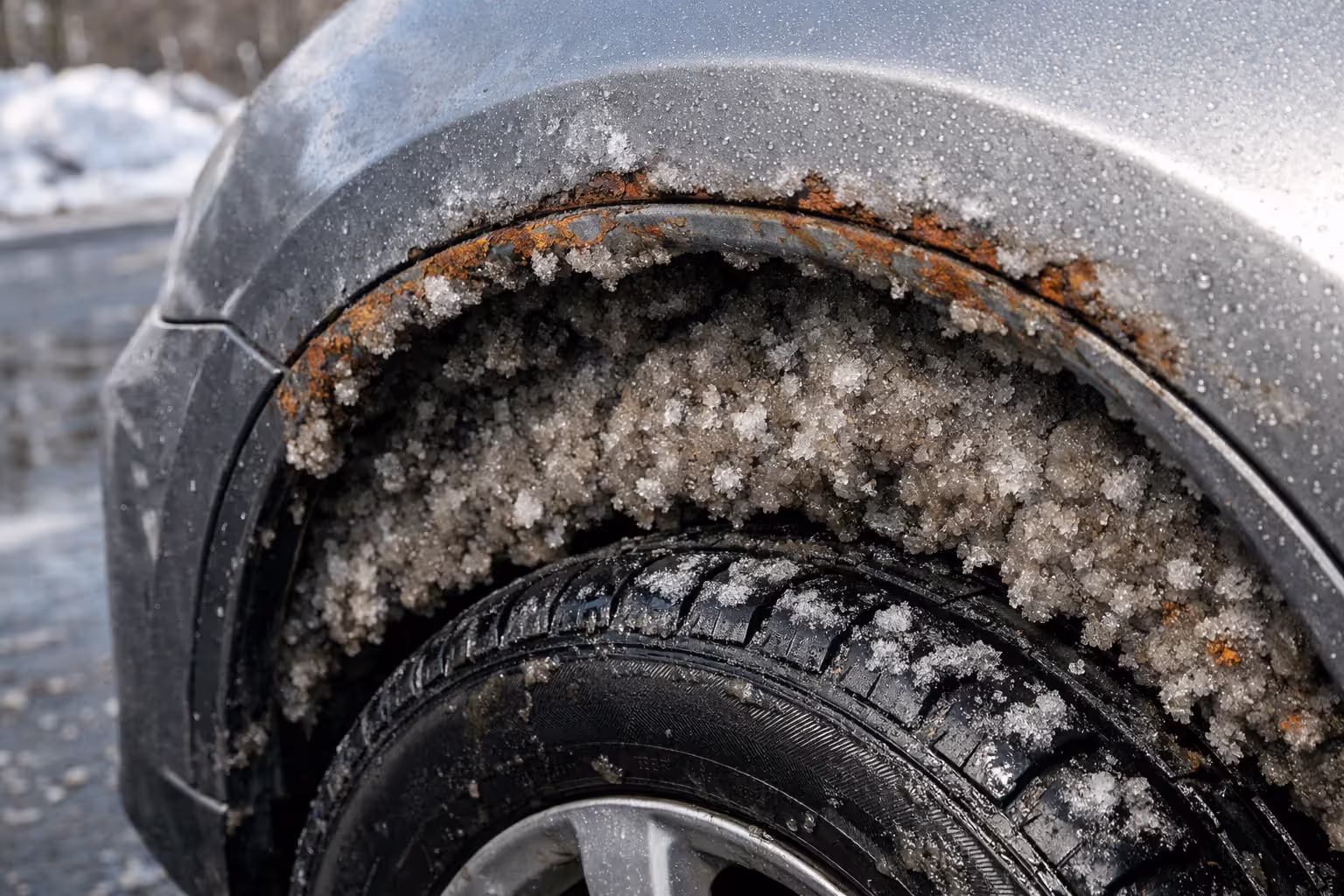 Close-up of car wheel well packed with dirty snow and road salt showing early rust bubbles forming along the fender edge in winter