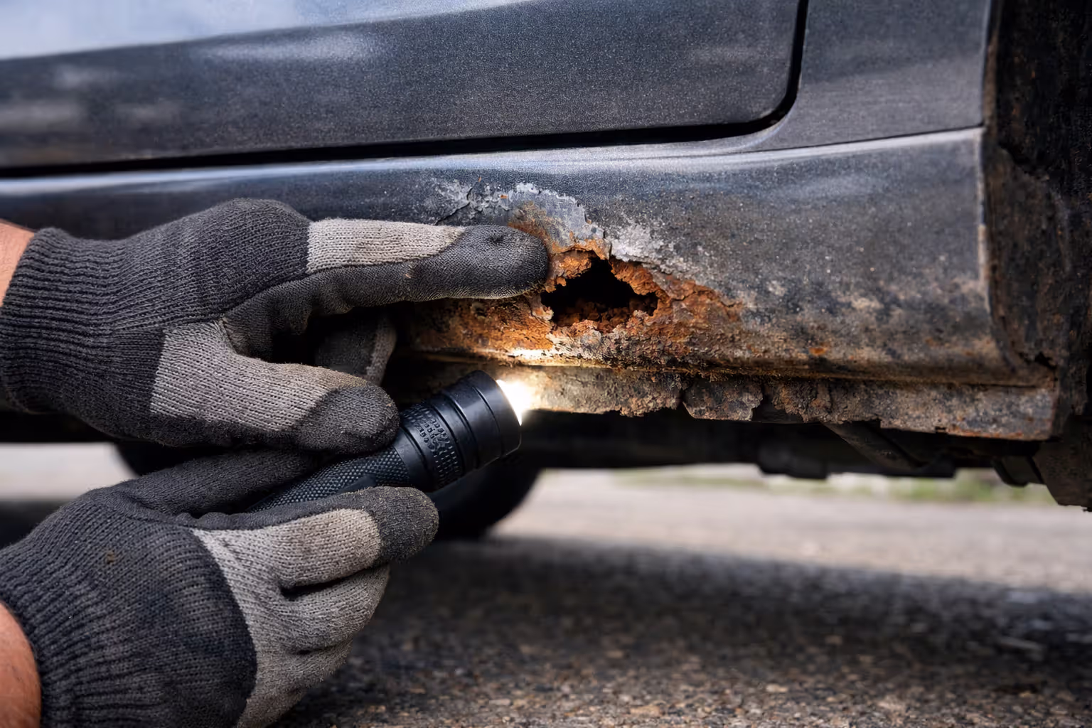 Hands inspecting car rocker panel with flashlight showing paint bubbles and penetrating rust hole in the metal underneath