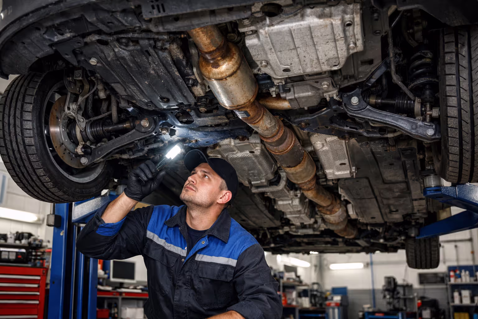 Car lifted on shop hoist with mechanic inspecting undercarriage brakes suspension and exhaust system