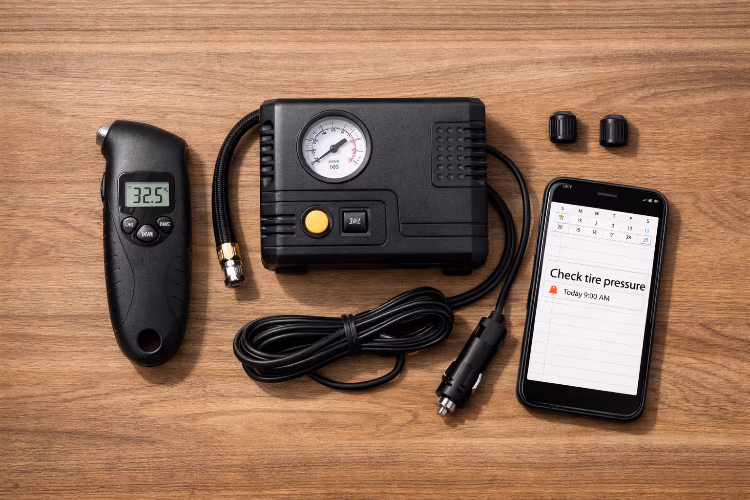Flat lay of tire pressure maintenance tools including digital gauge, portable 12V air compressor, valve caps, and smartphone with monthly reminder