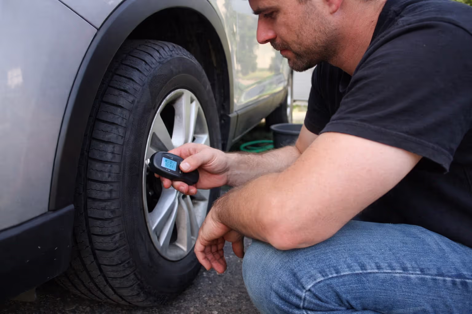Person crouching by a car tire on a home driveway checking tire pressure with a digital gauge in natural daylight